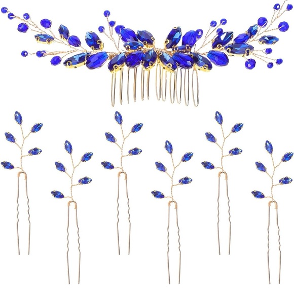 Blue Gemstone and Yellow Gold Tone Decorative Hair Pins - Picture 1 of 6
